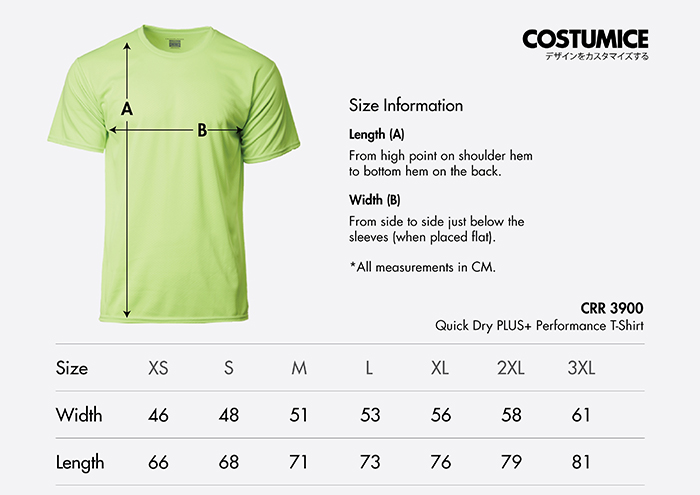 Costumice Design quick dry PLUS+ Performance t-shirt size information