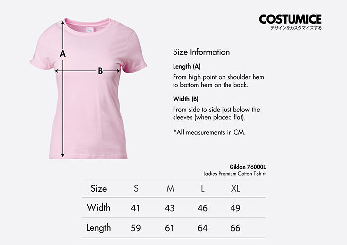 Costumice Design ladies premium cottont t-shirt size information