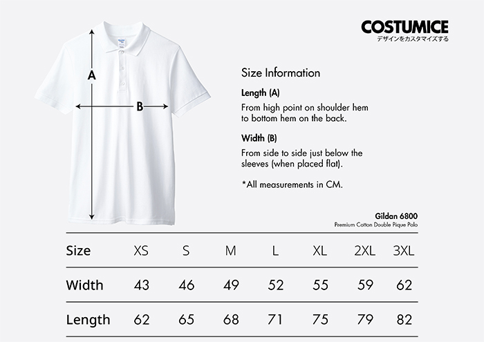 Costumice Design premium cotton double pique polo size information