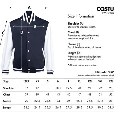 Costumice Design X Ultifresh Varsity Jackey Polyester Spandex Blend Size Information