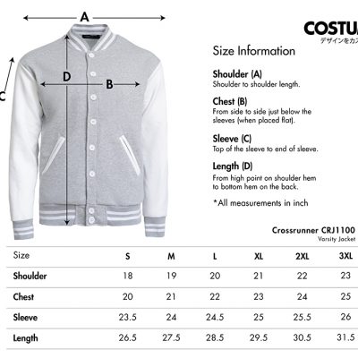 Costumice Design X Crossrunner Varsity Jacket Size Information 2024