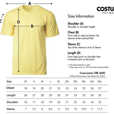 Crossrunner 3600 Coltec Performance-Tee Quick Dry T-Shirt Size Information X Costumice-Design