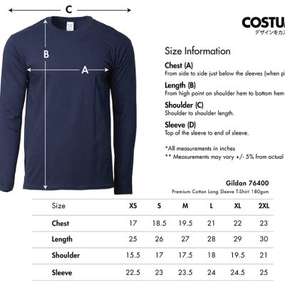Gildan 76400 Premium Cotton Long Sleeve T-Shirt 180Gsm 2024 Size Information X Costumice Design