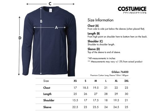 Gildan 76400 Premium Cotton Long Sleeve T-Shirt 180Gsm 2024 Size Information X Costumice Design