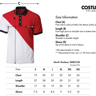 North Harbour Nhb2100 Georgia Polo 2025 Size Information X Costumice Design Lr