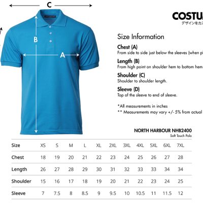 North Harbour Nhb2400 Soft Touch Polo Shirt 220Gsm Size Information X Costumice Design