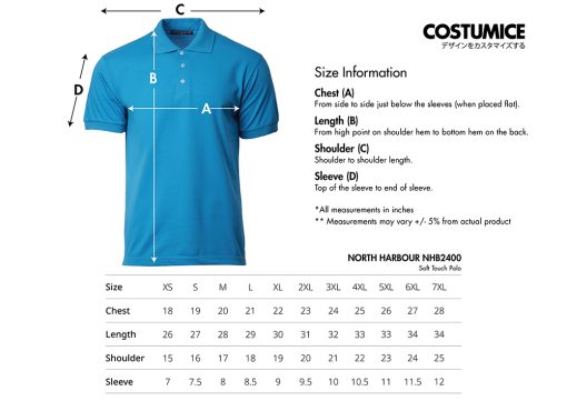 North Harbour Nhb2400 Soft Touch Polo Shirt 220Gsm Size Information X Costumice Design
