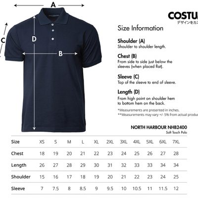 North Harbour Nhb2400 Soft Touch Polo Shirt 220Gsm Size Information X Costumice Design