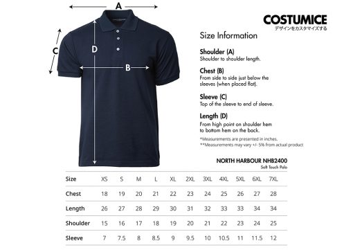 North Harbour Nhb2400 Soft Touch Polo Shirt 220Gsm Size Information X Costumice Design