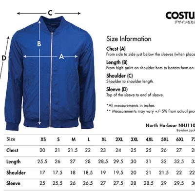 North Harbour Nhj1100 Bomber Jacket 2025 Size Information X Costumice Design Lr