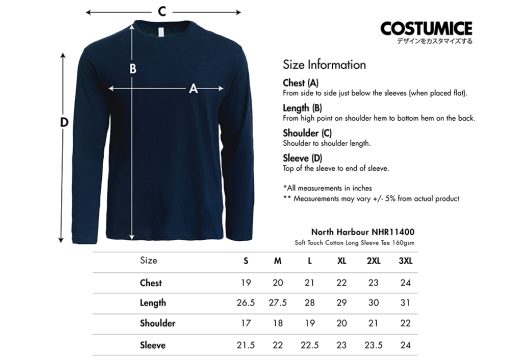 North Harbour Soft Touch Cotton Long Sleeve Tee 160Gsm 2024 Size Information X Costumice Design