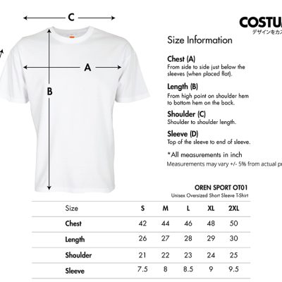 Oren-Ot01-Unisex-Oversized-Short-Sleeve-T-Shirt-210Gsm-2024-Size-Information-X-Costumice-Design