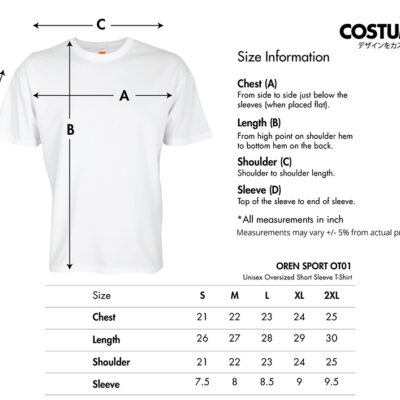 Unisex Short Sleeve Oversized T-Shirt 210Gsm (Oren Sport Ot01) 9 Oren Ot01 Unisex Oversized Short Sleeve T-Shirt 210Gsm 2026 Size Information X Costumice Design