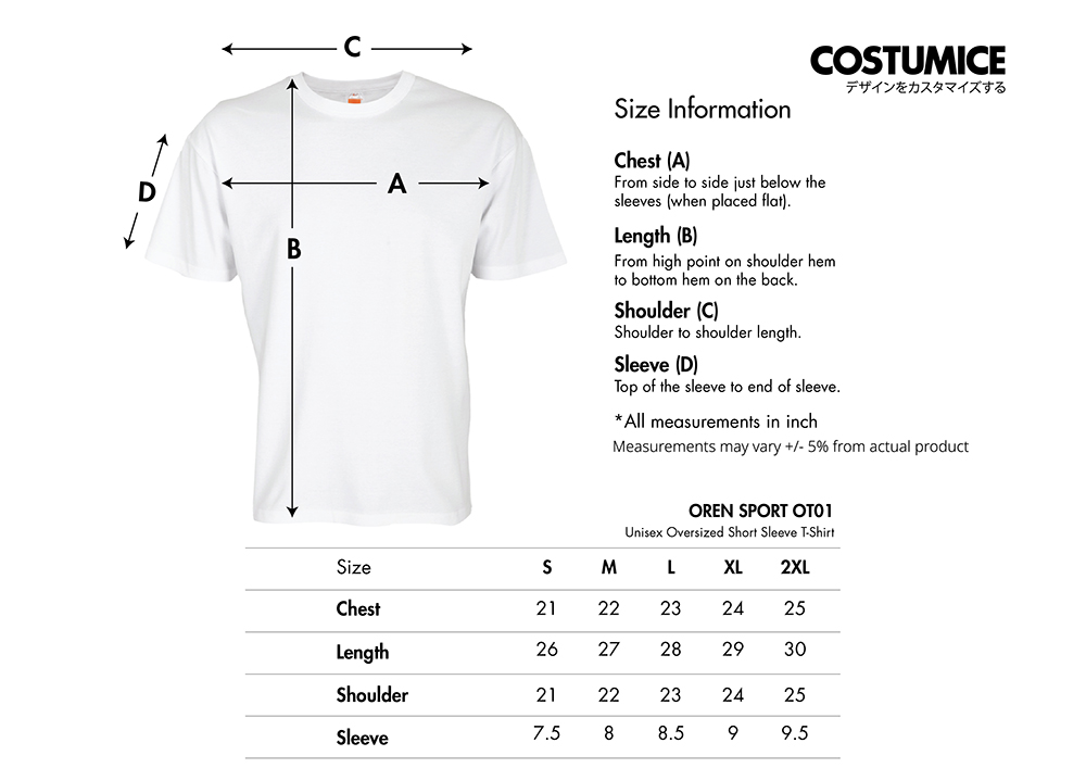 Unisex Short Sleeve Oversized T-Shirt 210Gsm (Oren Sport Ot01) 6 Oren Ot01 Unisex Oversized Short Sleeve T-Shirt 210Gsm 2026 Size Information X Costumice Design