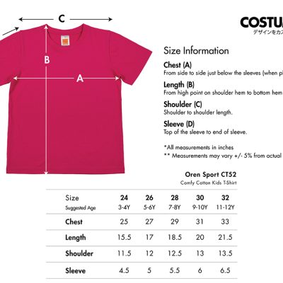 Oren Sport Ct52 Comfy Cotton Kids T-Shirt 160Gm 2025 Size Information X Costumice Design