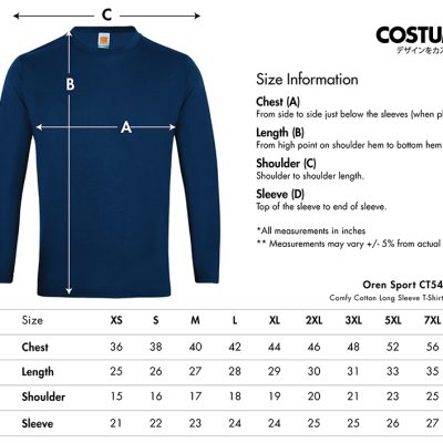 Oren Sport Ct54 Comfy Cotton Long Sleeve T-Shirt 160Gsm 2024 Size Info X Costumice Design