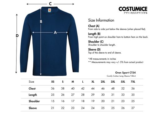 Oren Sport Ct54 Comfy Cotton Long Sleeve T-Shirt 160Gsm 2024 Size Info X Costumice Design