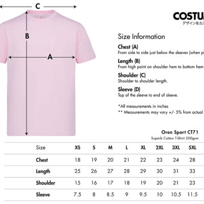 Superb Cotton T-Shirt 200Gsm (Oren Sport Ct71) 9 Oren Sport Ct71 Superb Cotton T-Shirt 200Gsm 2026 Size Information X Costumice Design