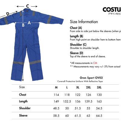 Oren Sport Ov02 Coverall Protective Uniform With Reflective Tape 2024 Color Options X Costumice Design