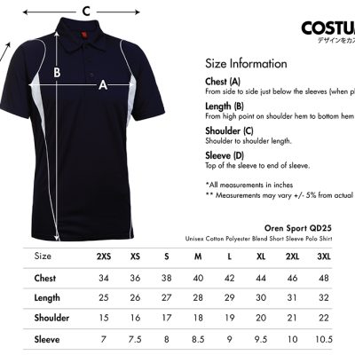 Oren Sport Qd 25 Unisex Cotton Polyester Blend Short Sleeve Polo Shirt 2024 Size Information X Costumice Design