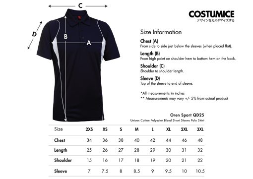 Oren Sport Qd 25 Unisex Cotton Polyester Blend Short Sleeve Polo Shirt 2024 Size Information X Costumice Design