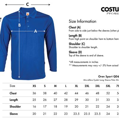 Oren Sport Qd 67 Microfibre Eyelet Long Sleeve Polo Shirt 2024 Size Information X Costumice Design
