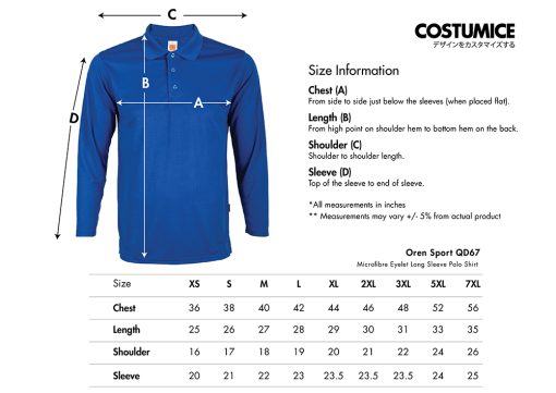 Oren Sport Qd 67 Microfibre Eyelet Long Sleeve Polo Shirt 2024 Size Information X Costumice Design