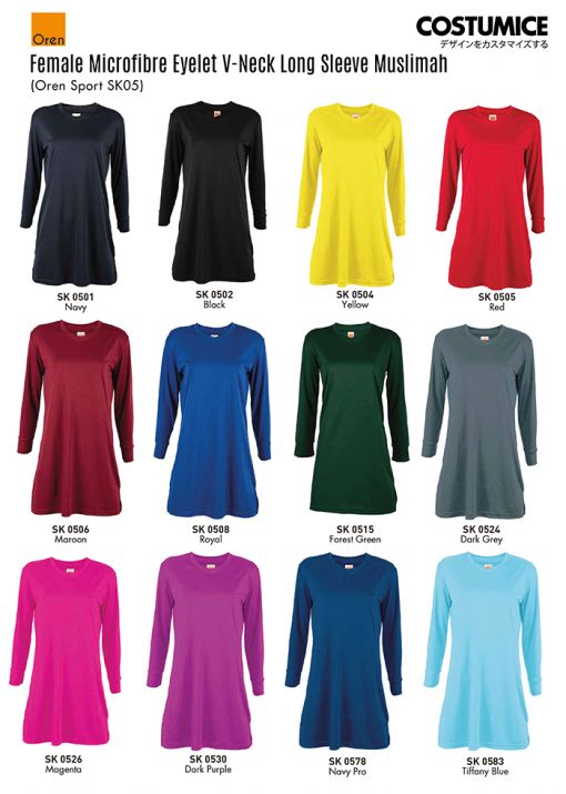 Oren Sport Sk05 Female Microfibre Eyelet V-Neck Long Sleeve Muslimah 160Gsm 2024 2025 Color Options X Costumice Design