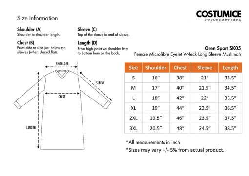 Oren Sport Sk05 Female Microfibre Eyelet V-Neck Long Sleeve Muslimah 160Gsm Size Information X Costumice Design
