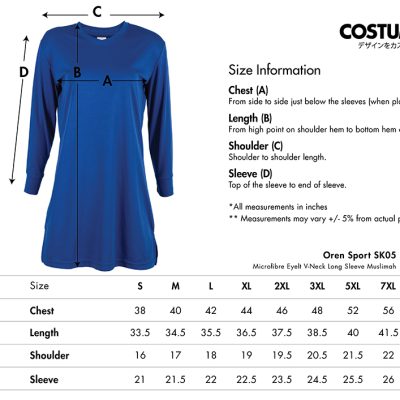 Oren Sport Sk05 Microfibre Eyelt V-Neck Long Sleeve Muslimah 2024 Size Info X Costumice Design