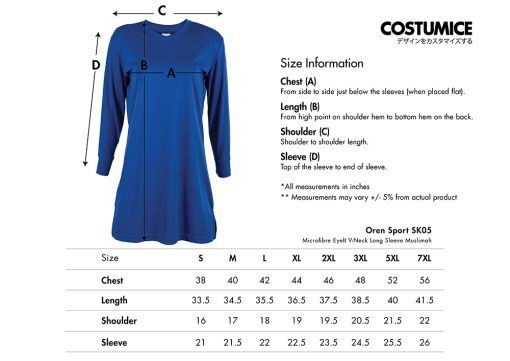 Oren Sport Sk05 Microfibre Eyelt V-Neck Long Sleeve Muslimah 2024 Size Info X Costumice Design
