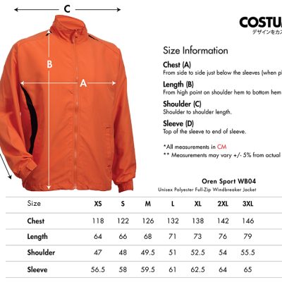 Oren Sport Wb04 Unisex Polyester Full-Zip Windbreaker Jacket 2024 Size Information X Costumice Design