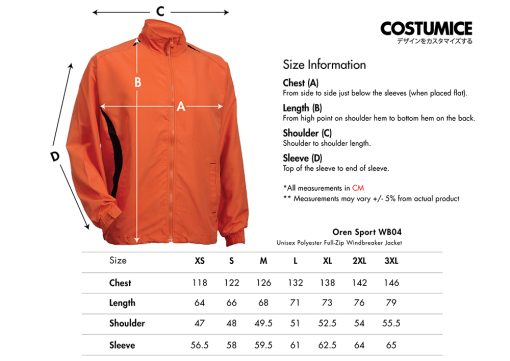 Oren Sport Wb04 Unisex Polyester Full-Zip Windbreaker Jacket 2024 Size Information X Costumice Design