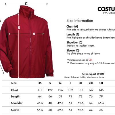 Oren Sport Wb05 Unisex Polyester Full-Zip Windbreaker Jacket 2024 Size Information X Costumice Design