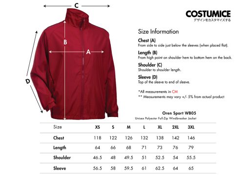 Oren Sport Wb05 Unisex Polyester Full-Zip Windbreaker Jacket 2024 Size Information X Costumice Design