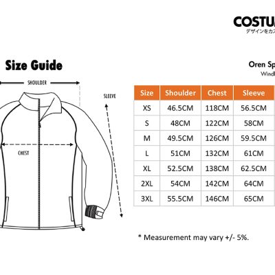 Oren Sport Wb05 Unisex Polyester Full-Zip Windbreaker Jacket Size Information X Costumice Design