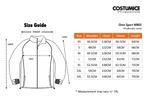 Oren Sport Wb05 Unisex Polyester Full-Zip Windbreaker Jacket Size Information X Costumice Design