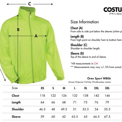 Oren Sport Wb06 Unisex Polyester Full-Zip Windbreaker Jacket 2024 Size Information X Costumice Design