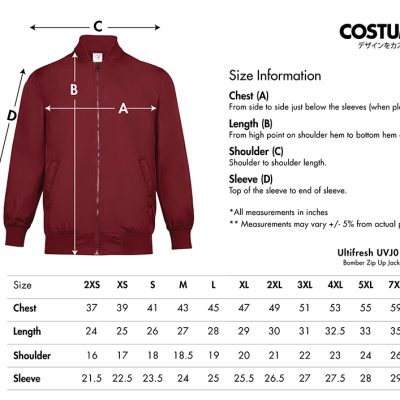 Ultifresh Uvj01 Bomber Zip Up Jacket 2024 Size Information X Costumice Design