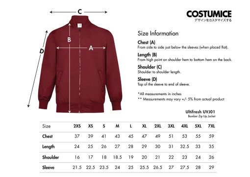 Ultifresh Uvj01 Bomber Zip Up Jacket 2024 Size Information X Costumice Design