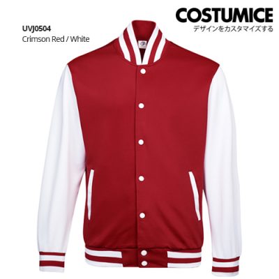 Costumice Design Varsity Jacket Polyester Spandex Blend Crimson Red White