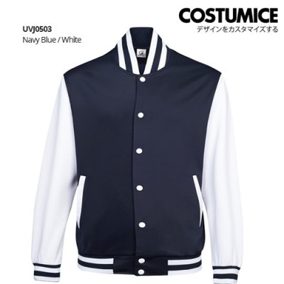 Costumice Design Varsity Jacket Polyester Spandex Blend Navy Blue White