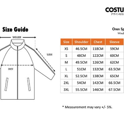 Costumice Design Windbreaker Jacket Wb06 Size Information
