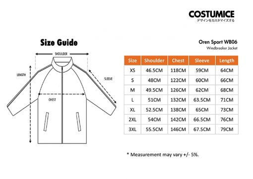 Costumice Design Windbreaker Jacket Wb06 Size Information