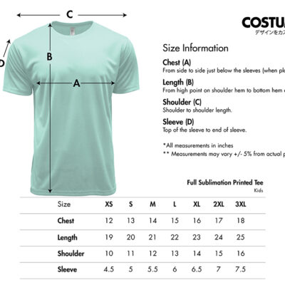 Full Sublimation Printed Tee Kids Shirt 2026 Size Information X Costumice Design