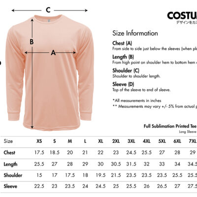 Full Sublimation Printed Tee Long Sleeve 2026 Size Information X Costumice Design