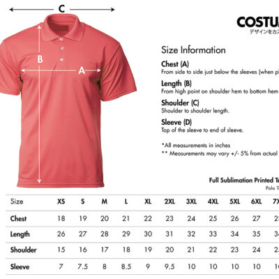 Full Sublimation Printed Tee Polo Shirt 2026 Size Information X Costumice Design