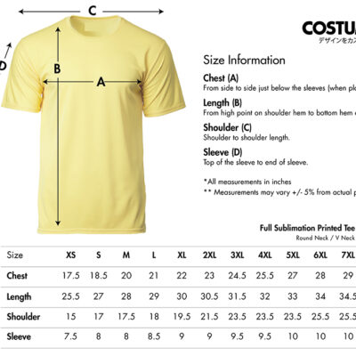 Full Sublimation Printed Tee Round Neck V Neck 2026 Size Information X Costumice Design Lr
