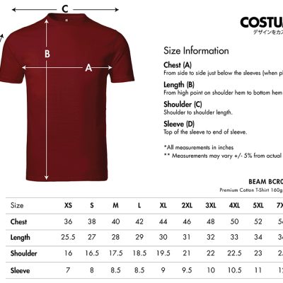 BEAM-BCR01-Premium-Cotton-T-Shirt-160gsm-2025-Size-Information-X-Costumice-Design