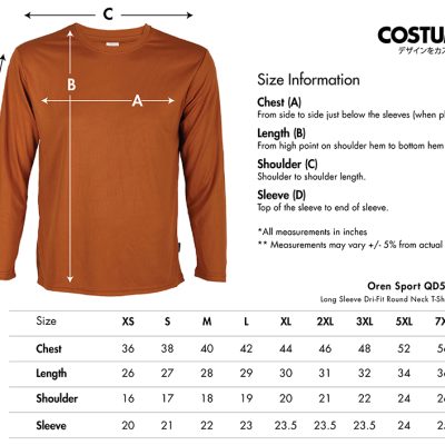 Oren Sport Qd54 Long Sleeve Dri-Fit Round Neck T-Shirt 2024 Size Information X Costumice Design